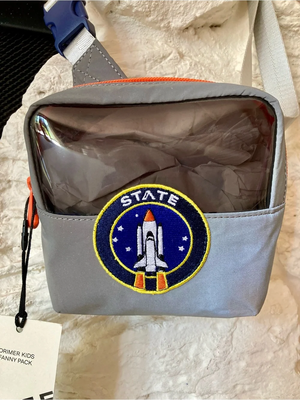 NWT State Lorimer kids fanny pack/sling bag w/ playful astronaut rocket patch